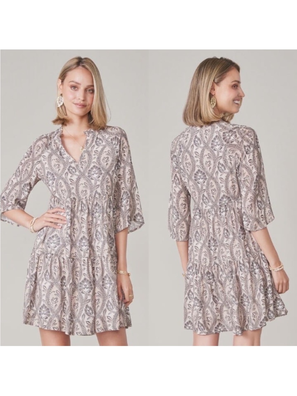 Spartina‎ 449 Arbor Neutral Printed V-Neck Maisie Mini Dress M Resort
